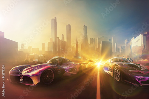 Car race in futuristic city