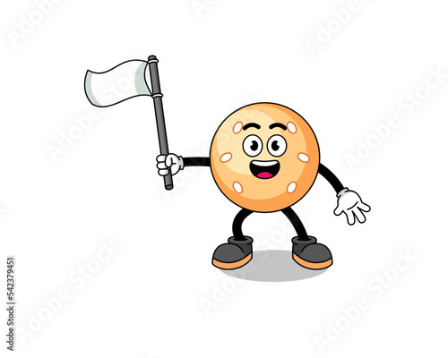 Cartoon Illustration of sesame ball holding a white flag