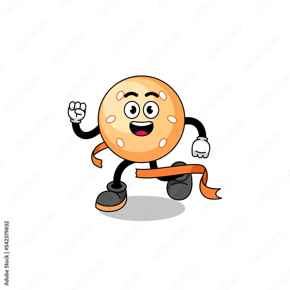 Mascot cartoon of sesame ball running on finish line Mascot cartoon of sesame ball running on finish line