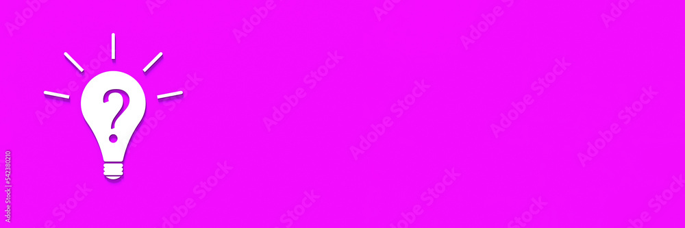 White light bulb with shadow on pink background. Illustration of symbol of lack of idea. Question mark. Banner for insertion into site. Place for text cope space. 3D image. 3D rendering.