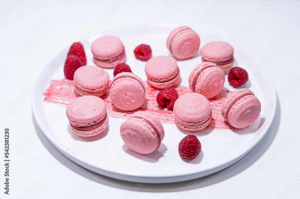 pink raspberry macarons french dessert white elegant plate pink raspberry macarons french dessert white elegant plate