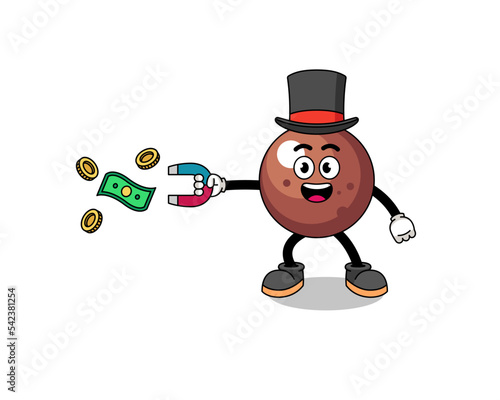 Character Illustration of chocolate ball catching money with a magnet