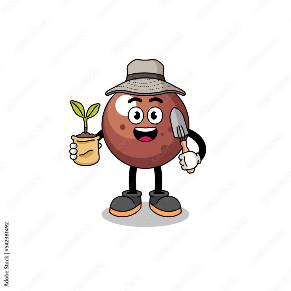 Illustration of chocolate ball cartoon holding a plant seed