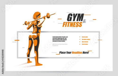 Young attractive woman with perfect muscular body training with a barbell vector flyer for advertising isolated, sport exercises active lifestyle banner.