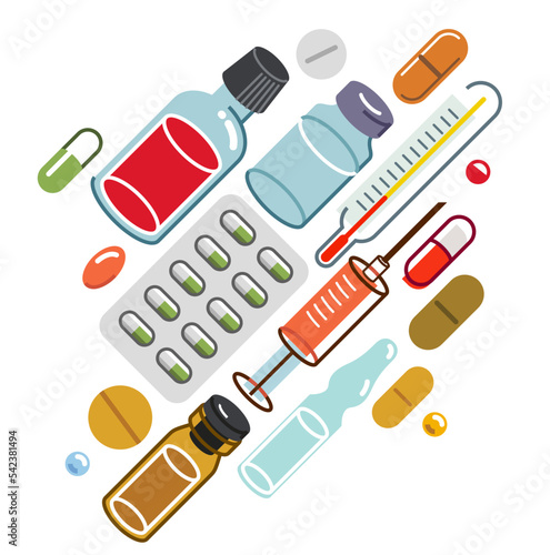 Big composition set of medicaments vector flat illustration isolated, pharmacy drugs apothecary bottles and pills and ampules, health care and healing medical theme design.