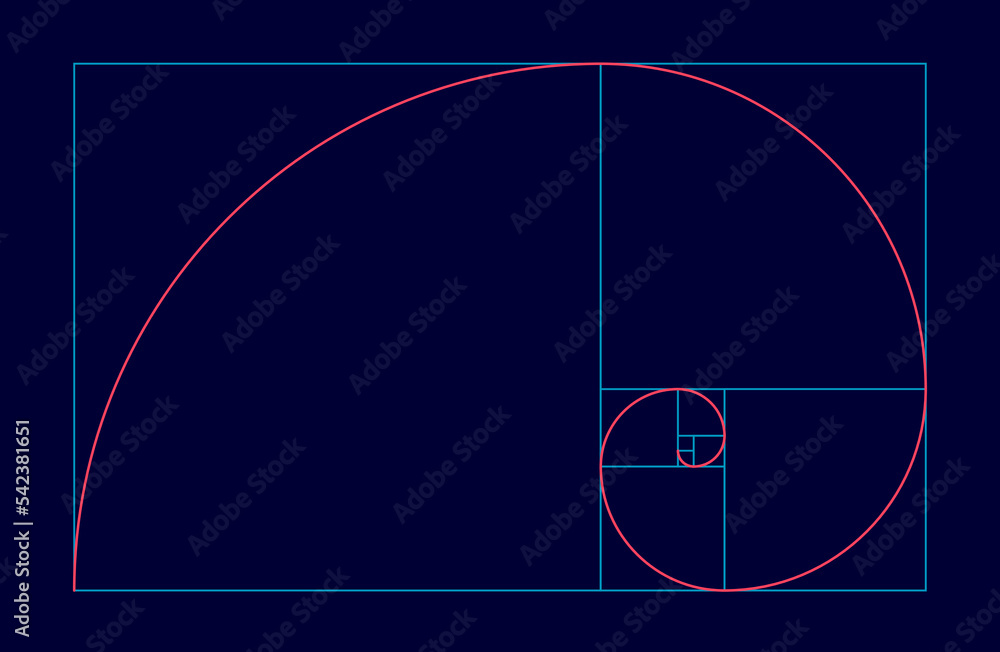 Golden ratio vector spiral shape in fibonacci grid on black background ...