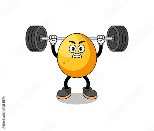 golden egg mascot cartoon lifting a barbell