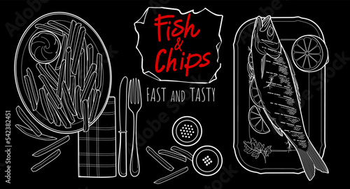 Fish and chips chalkboard menu for restaurant, line art vector illustration black background