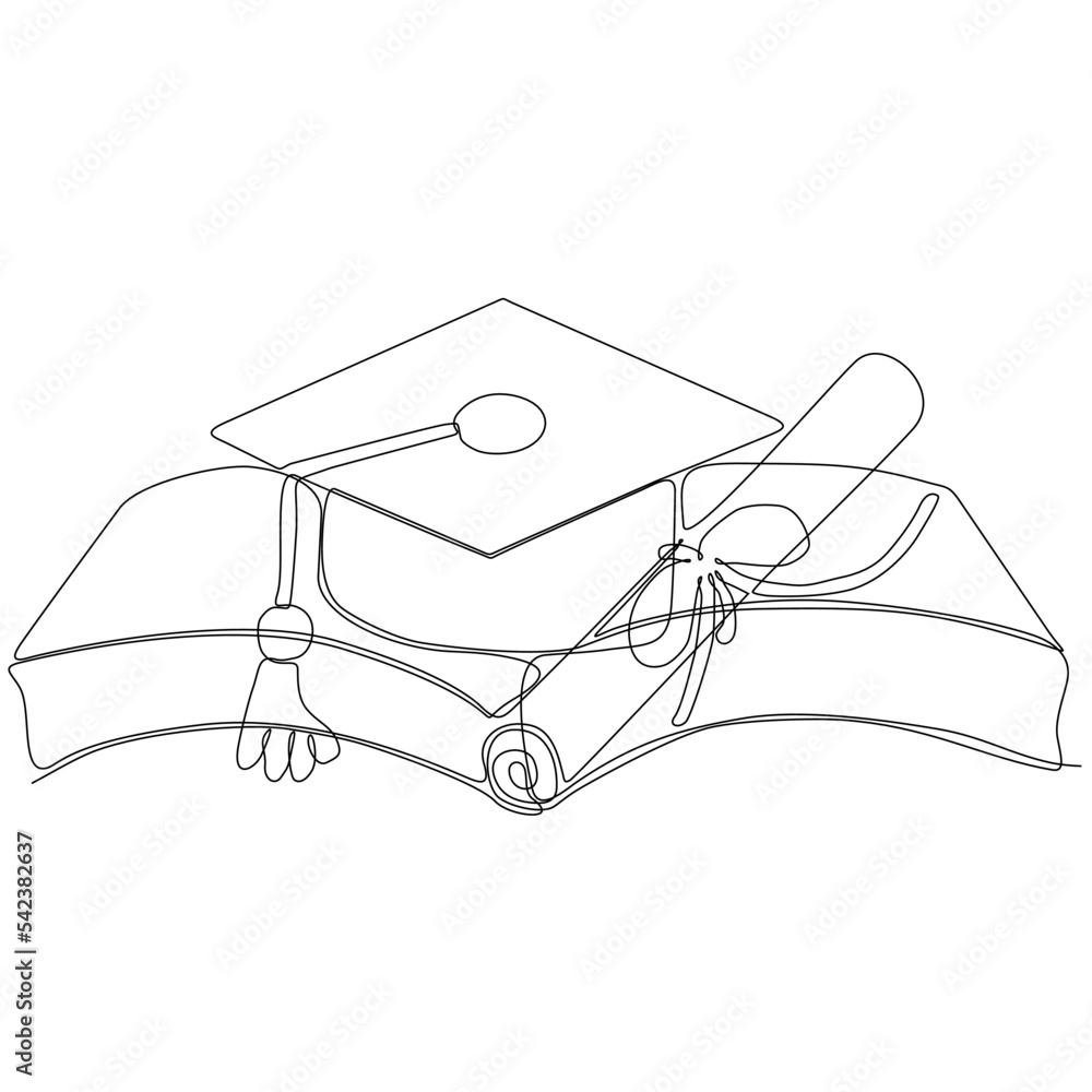 Single continuous line art graduation cap. Celebration ceremony master