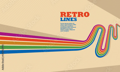 Linear vector abstract background in all colors of rainbow, retro style lines in 3D dimensional perspective, vintage poster art.