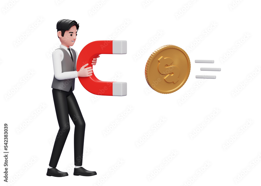 businessman in grey vest standing holding magnet attracting gold coin, 3d rendering of business investment concept businessman in grey vest standing holding magnet attracting gold coin, 3d rendering of business investment concept