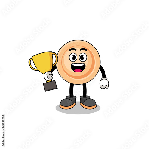 Cartoon mascot of button holding a trophy