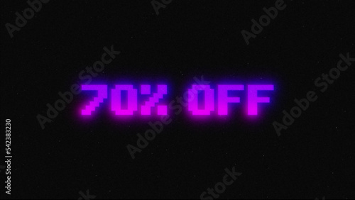 70 percent off discount sale, neon glitch banner on black background.