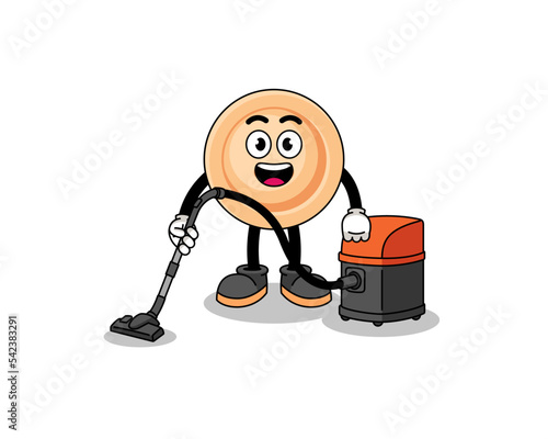 Character mascot of button holding vacuum cleaner