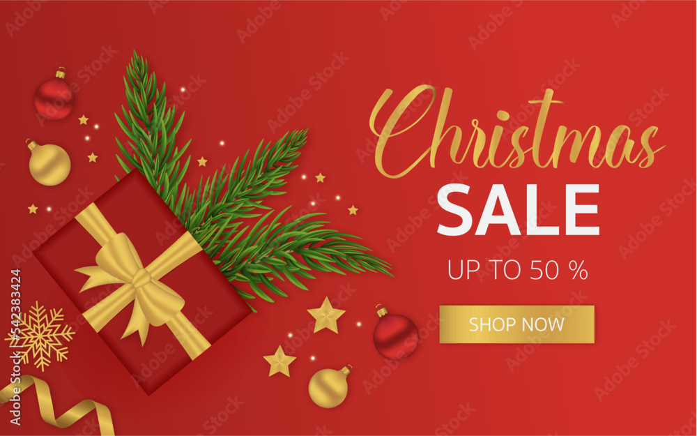  Red Christmas sale banner with Christmas toys and fir twigs. The horizontal banner is great for cards, brochures, flyers, and advertising poster templates. Vector illustration.