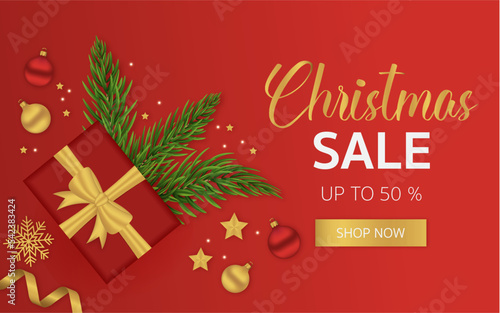  Red Christmas sale banner with Christmas toys and fir twigs. The horizontal banner is great for cards  brochures  flyers  and advertising poster templates. Vector illustration.