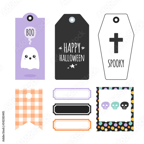 Happy Halloween printable stationery set. Creepy gift tags collection. Original labels templates to print and cut. Vector illustration, flat design
