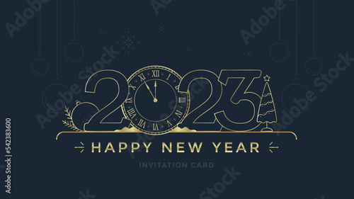 Happy New Year 2023 greeting card with stylized clock and decoration on dark background. Merry Christmas golden line holiday illustration.