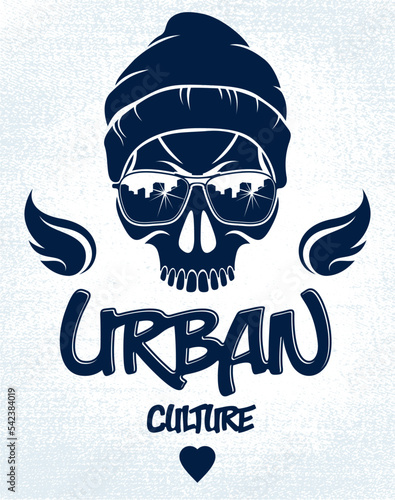Skull in sunglasses and hat, urban theme vector logo or emblem, gangster or thug illustration, anarchy chaos hooligan, ghetto theme.