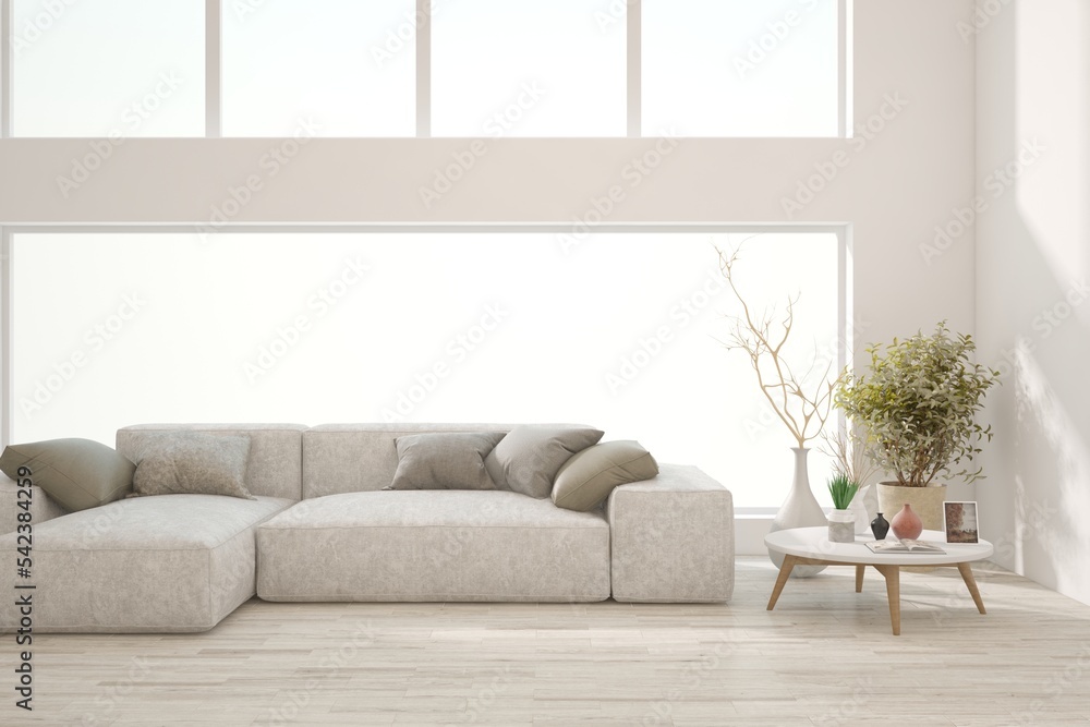 White living room with sofa. Scandinavian interior design. 3D illustration White living room with sofa. Scandinavian interior design. 3D illustration