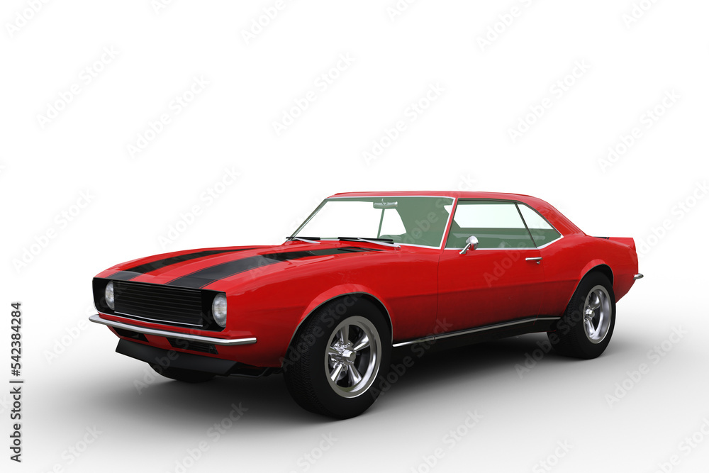 3D render of a red retro American muscle car isolated on transparent background.