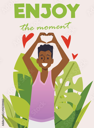 Enjoy the moment banner or flyer with happy man flat cartoon vector illustration.