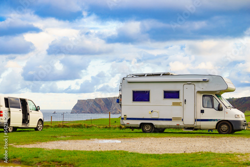 Camper on sea coast in Asturias Spain.
