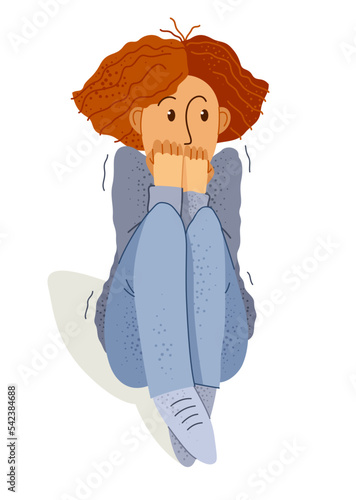 Scared young woman feeling uncomfortable vector illustration, phobia paranoia anxiety or other psychical and psychological problems concept, bad emotions.