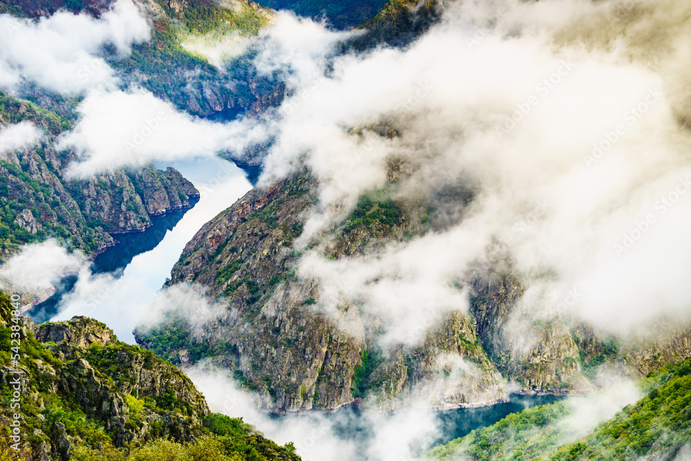 Mountain view. Clouds over river Sil Canyon, Galicia Spain.