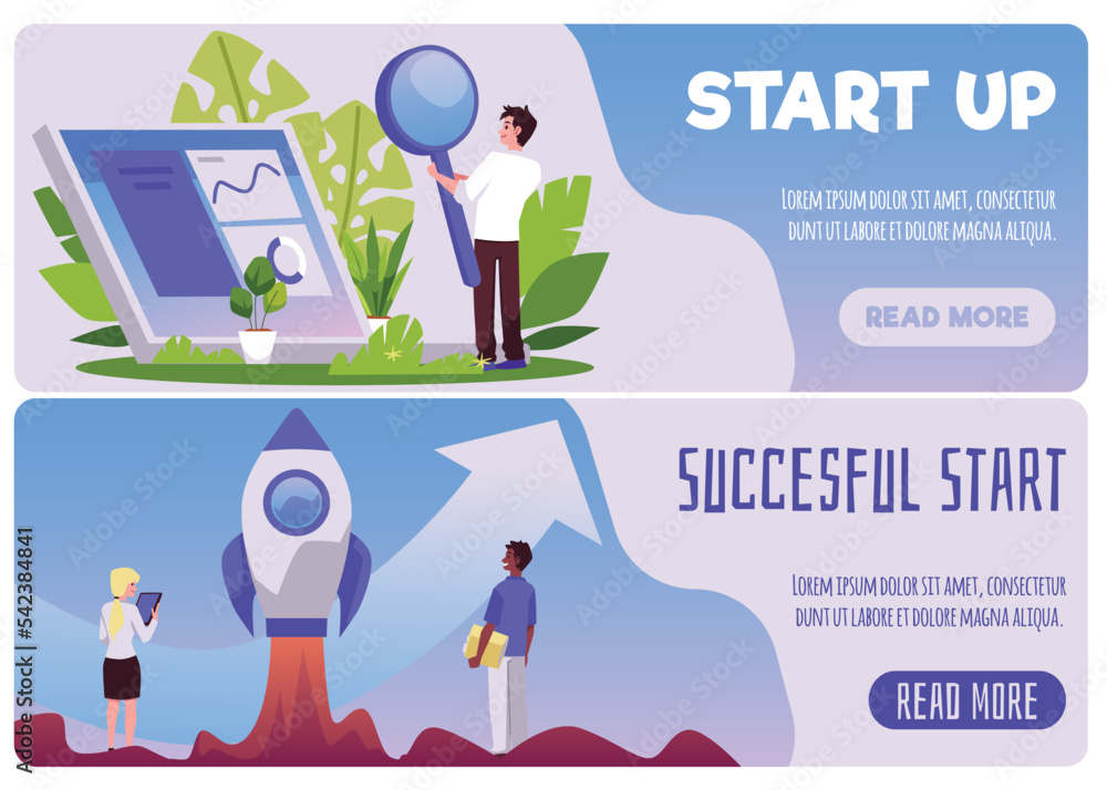 Start up and successful start of new business, banners set - flat vector illustration.