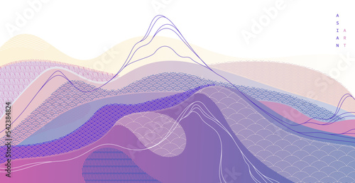 Oriental Japanese style vector abstract illustration, background in Asian traditional style, wavy shapes and mountains terrain, runny like sea lines.