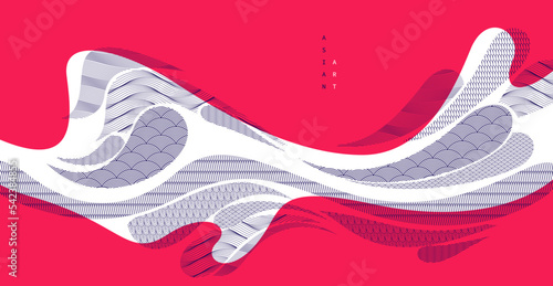 Oriental Japanese style vector abstract illustration in red color, background in Asian traditional style, wavy shapes and mountains terrain, runny like sea lines.