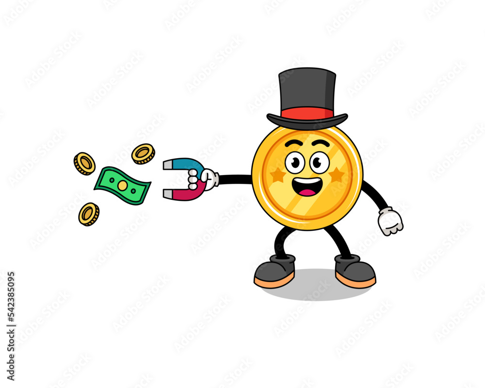 Character Illustration of medal catching money with a magnet Character Illustration of medal catching money with a magnet