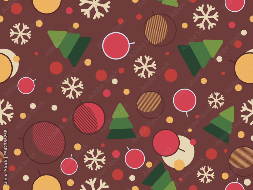 Christmas seamless pattern with snowflakes and christmas decorations and geometric shapes in 80s style. Festive background for greeting cards, wrapping paper and banners. Vector illustration Christmas seamless pattern with snowflakes and christmas decorations and geometric shapes in 80s style. Festive background for greeting cards, wrapping paper and banners. Vector illustration