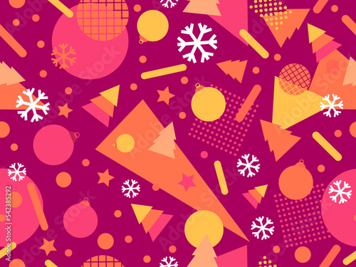 Christmas memphis seamless pattern with snowflakes and christmas decorations and geometric shapes in 80s style. Festive background for greeting cards, wrapping paper and banners. Vector illustration