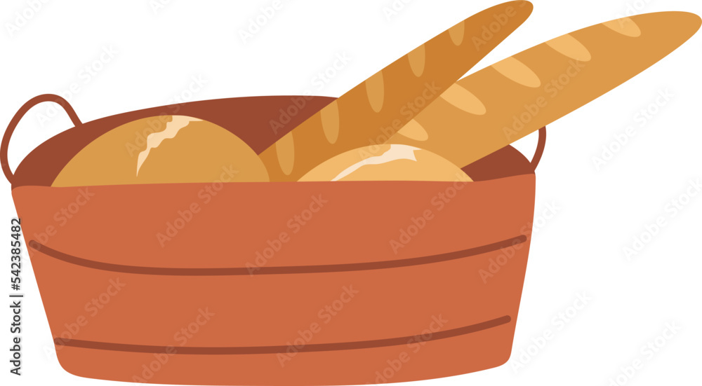 French baguette with loaves of freshly baked bread. Vector illustration of homemade pastries lies in a basket. Isolated handmade bread for sale. French baguette with loaves of freshly baked bread. Vector illustration of homemade pastries lies in a basket. Isolated handmade bread for sale.