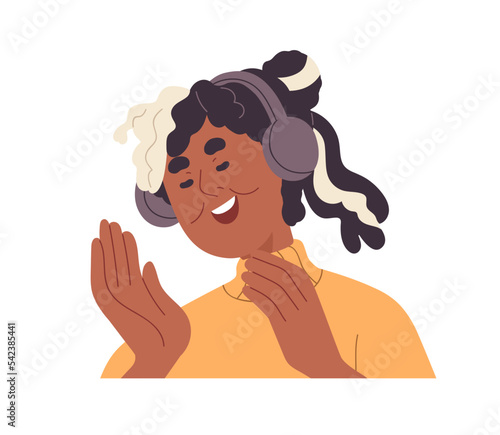 Happy elderly woman in headphones, listening to music and singing. Modern trendy senior female, face portrait. Positive smiling aged character. Flat vector illustration isolated on white background