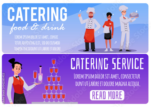 Catering service banners set, flat vector illustration.