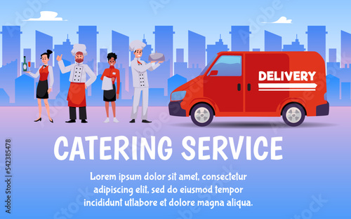 Catering service banner, delivery car or minivan - flat vector illustration.