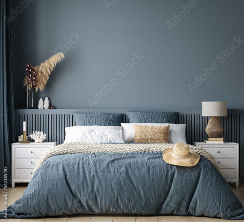 Home mockup, cozy dark blue bedroom interior background, 3d render photo