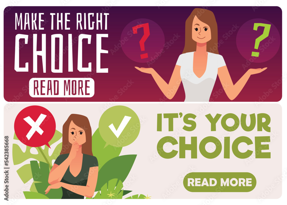 Web banners set with concepts of choice and decision making process, flat vector illustration. Web banners set with concepts of choice and decision making process, flat vector illustration.