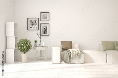 White living room with sofa. Scandinavian interior design. 3D illustration