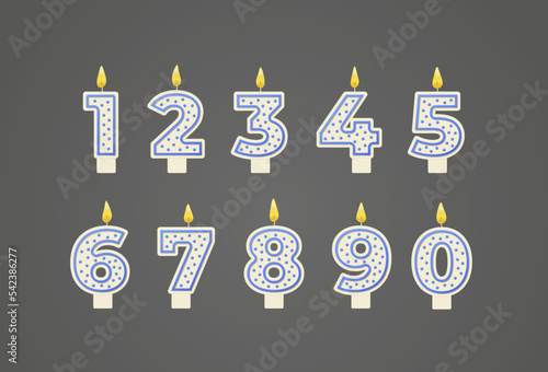 Birthday candles numbers for holiday cake decoration. Outline blue candle numbers burning isolated on grey background. Anniversary celebration party decor elements. Flat simple realistic vector.