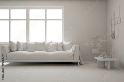 White minimalist living room with sofa. Scandinavian interior design. 3D illustration