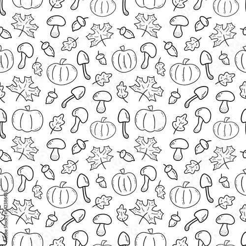 Seamless pattern with pumpkin  mushrooms  autumn leaves and acorns. Doodle black and white vector illustration. Autumn season. Print for fabric  paper or wrapping. White background