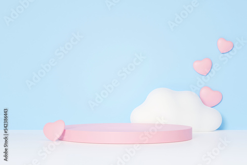3D rendering cute pastel pink product display stand with heart and cloud decoration. For kid, girl product presentation or cute Valentine's day sale.