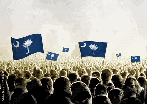 Crowd with the flags of South Carolina, people cheering national team of South Carolina. Ai generated illustration of crowd.