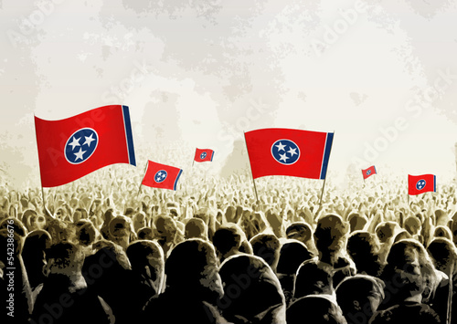 Crowd with the flags of Tennessee, people cheering national team of Tennessee. Ai generated illustration of crowd.
