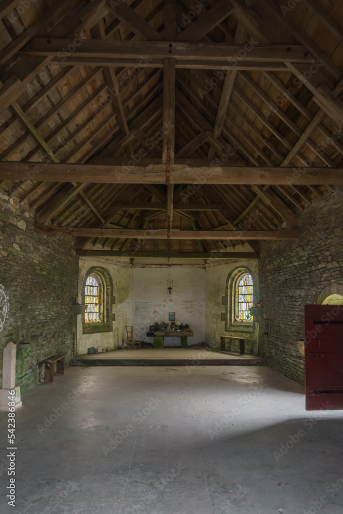Inside of the old medieval chapel of Mont Saint Michel with wooden ceiling in Brasparts, Brittany, France Inside of the old medieval chapel of Mont Saint Michel with wooden ceiling in Brasparts, Brittany, France