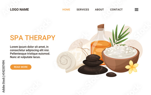 Landing page spa therapy or beauty salon vector template. Towel  black hot stone  bowl full cosmetic sea salt. Massage  relaxation  spa treatments concept. 